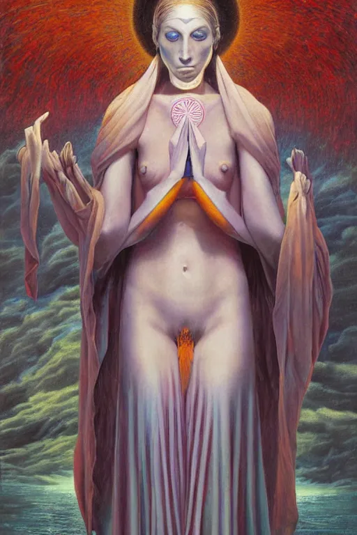 Image similar to gorgeous robed cult girl performing realism third eye ritual, expanding energy into waves into the ethos, epic surrealism 8k oil painting, portrait, depth of field, perspective, high definition, post modernist layering, by Ernst Fuchs, Gerald Brom