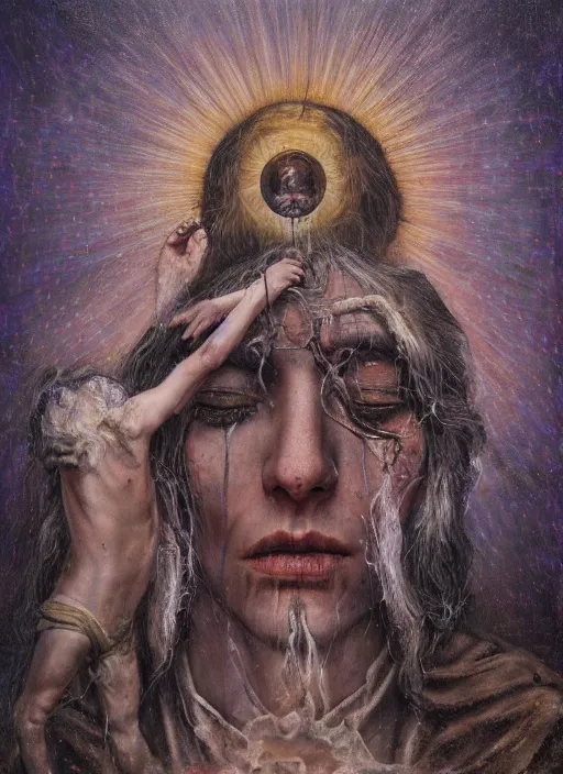 Image similar to transcendental adoration of the magi, stigmata, occult symbolism epic surrealism 8k oil painting, portrait, perspective, high definition, post modernist layering, by Sean yoro