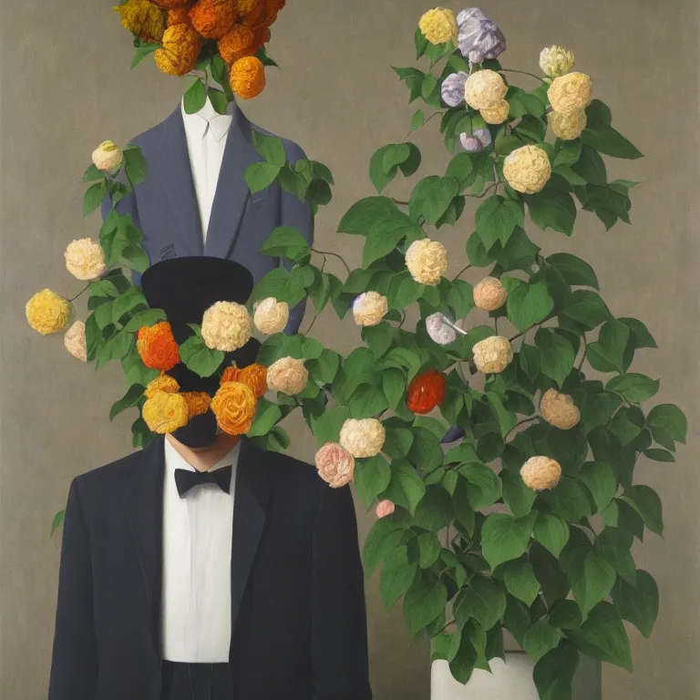 Image similar to portrait of man in a suit with flowers hiding his face by rene magritte, detailed painting, hd, hq, high resolution, high detail, 4 k, 8 k