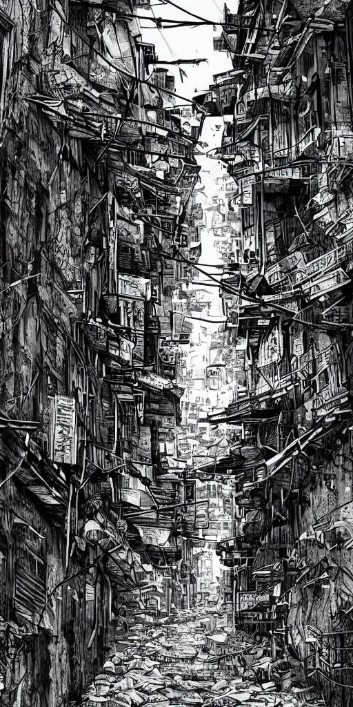 Image similar to abandoned old alleys in hong kong, epic vines, illustration by niko delort, black and white ink