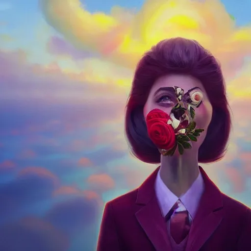 Image similar to closeup, huge rose flower face, frontal, girl in suit, surreal photography, sunrise, dramatic light, impressionist painting, digital painting, artstation, simon stalenhag