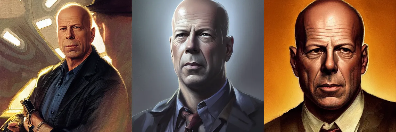 Prompt: portrait of Bruce Willis as a detective, highly detailed, digital painting, artstation, concept art, sharp focus, illustration, art by artgerm and greg rutkowski and alphonse mucha