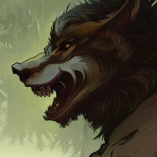 Prompt: portrait of a male werewolf, bared teeth, long claws, by greg rutkowski and alphonse mucha, gradient brown to silver, in front of a forest at night background, highly detailed portrait, digital painting, artstation, concept art, smooth, sharp focus illustration