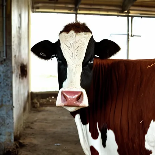 Image similar to bottle of milk and a cow, inside slaughterhouse