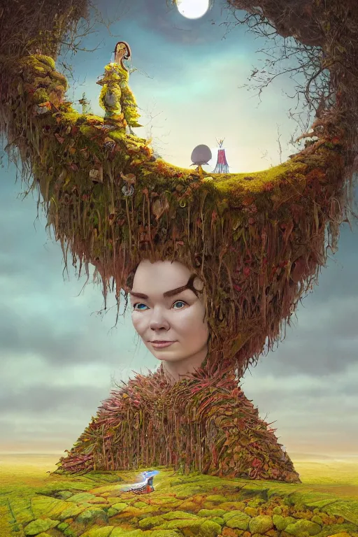 Image similar to beautiful bjork portrait by hubert robert and lee madgwick and roger dean and jacek yerka, dan mumford and alex grey style, soft lighting, 4 k hd wallpaper illustration concept joy atmospheric lighting