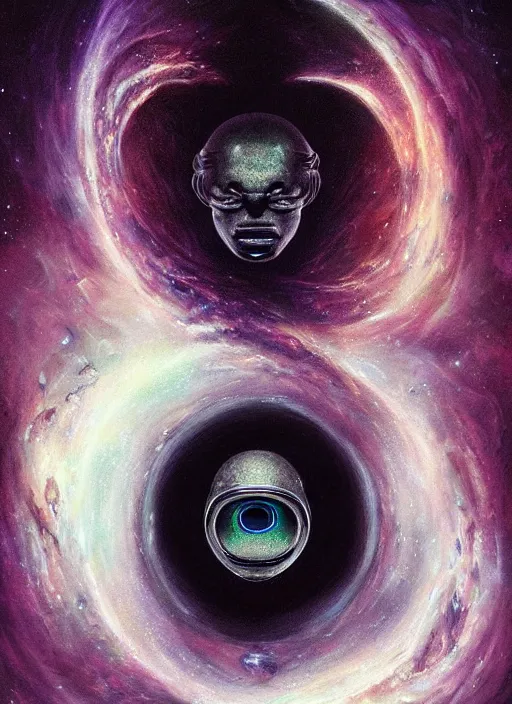 Prompt: cosmic black hole black crystal nebula mf doom reptile eyes, glowing cosmic skin, centered, digital painting, artstation, concept art, smooth, sharp focus, illustration, artgerm, tomasz alen kopera, peter mohrbacher, donato giancola, joseph christian leyendecker, wlop, frank frazetta