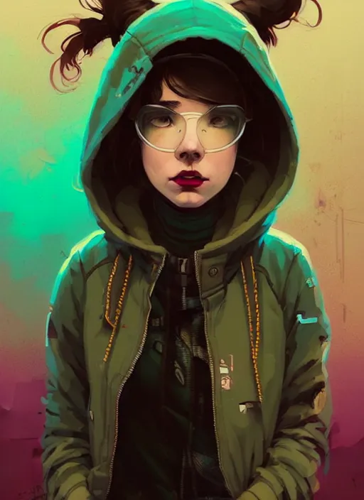 Image similar to highly detailed portrait of a cloudpunk young seattle lady, tartan hoody, by atey ghailan, by greg rutkowski, by greg tocchini, by james gilleard, by joe fenton, by kaethe butcher, gradient green, brown, blonde crea, orange, brown and white color scheme, grunge aesthetic!!! ( ( graffiti tag wall background ) )