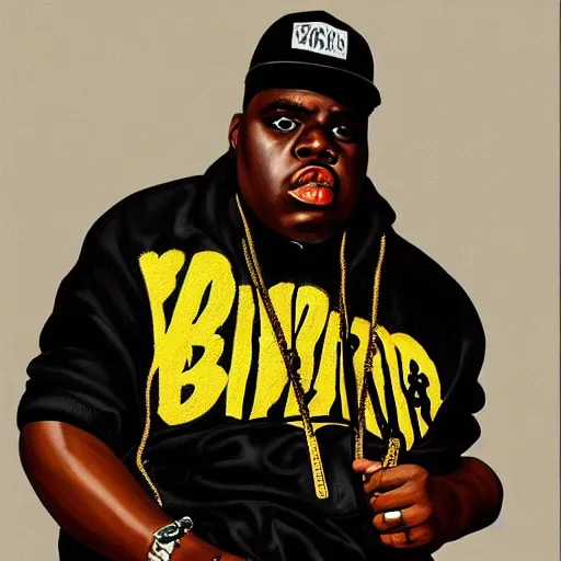 Image similar to a painting of a hyper realistic biggie smalls, art by basquiat, intricate, ultra detailed, photorealistic, black and gold colors, dark background trending on artstation