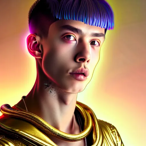 Prompt: hyperdetailed portrait of a cyberpunk european boy with brown hair made of iridescent metals and shiny pink gems, bright rainbow nimbus, gold necklace, gold background inspired by ross tran and masamune shirow and kuvshinov, intricate, photorealistic, octane render, rtx, hdr, unreal engine, dnd digital art by artgerm
