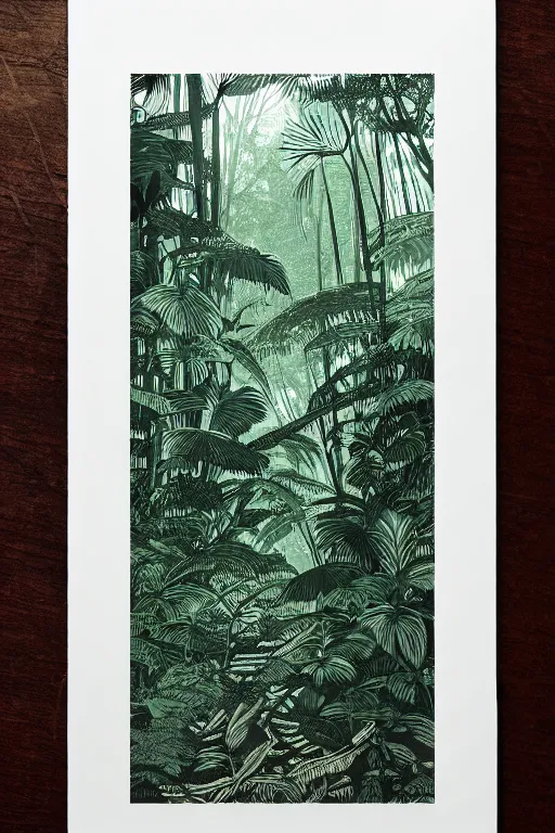 Image similar to a beautiful woodcut print of a lush jungle, 8 k, frostbite 3 engine, cryengine, dof, trending on artstation, digital art, crepuscular ray, art by valerie lueth and tugboat printshop