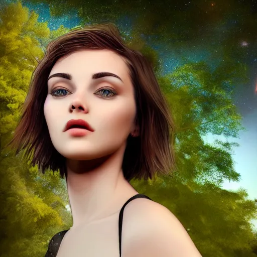 Image similar to an hd photo of a young woman with short brown hair and green eyes, beautiful trees in the background, night sky with stars and galaxies, trending on artstation