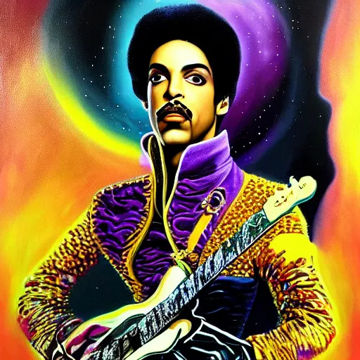 Prompt: a painting of prince in space in the style of dali. trending on artstation.