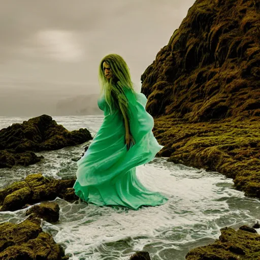 Image similar to 1 9 7 0's artistic spaghetti western movie in color, a woman in a giant billowy wide flowing waving dress made out of sea foam, standing inside a green mossy irish rocky scenic landscape, crashing waves and sea foam, volumetric lighting, backlit, moody, atmospheric