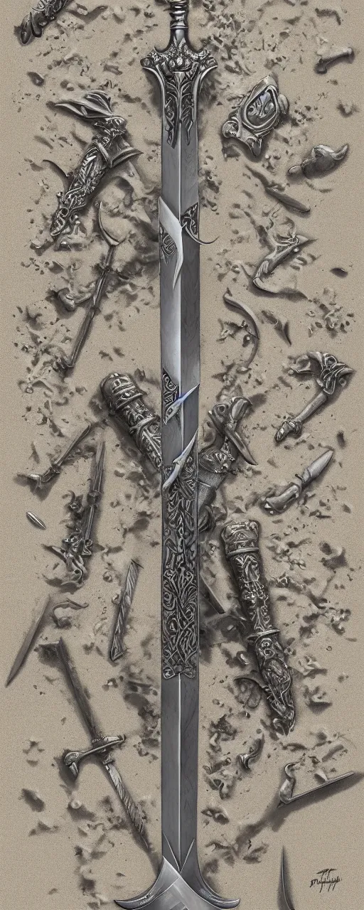 Image similar to sword of justice laying in the sand, ornate gem in pommel, engraved blade, serrated point, herringbone floor, low angle, greg rukowski, boris vallejo