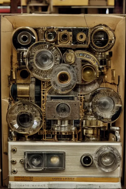 Image similar to a photo taken by someone who doesn't know how to use a camera, the most complex kodak camera ever made with vacuum tubes, capacitors and coils inside, through a dirty store window by Wes Anderson, grungy, weathered Ultra detailed, hyper realistic, 4k