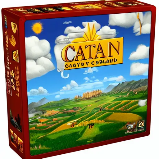 Prompt: contemporary new Catan board game box design, realistic, dynamic lighting, volumetric lighting, high detail render, 4k, HDR