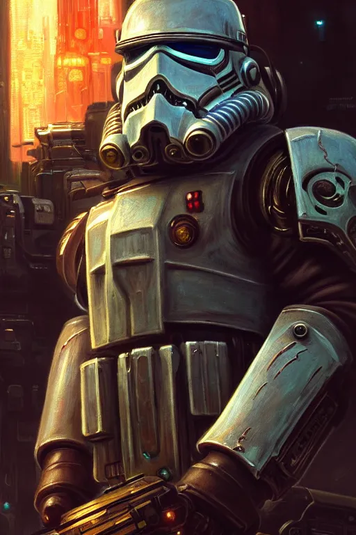 Image similar to character portrait closeup harrison ford cyberpunk starcraft terran bioshock warhammer 4 0 k space marine stormtrooper, character design, painting by gaston bussiere, dan mumford, moebius, katsuya terada, frank frazetta, tom of finland, trending on artstation