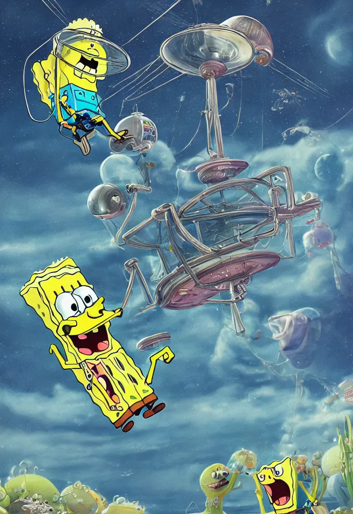 Prompt: a beautiful and highly detailed illustration of spongebob squarepants learning to fly in an alien spaceship cover of rolling stone magazine | cgsociety, trending on artstation | octane, unreal engine :. 4 | fantasy art :. 3