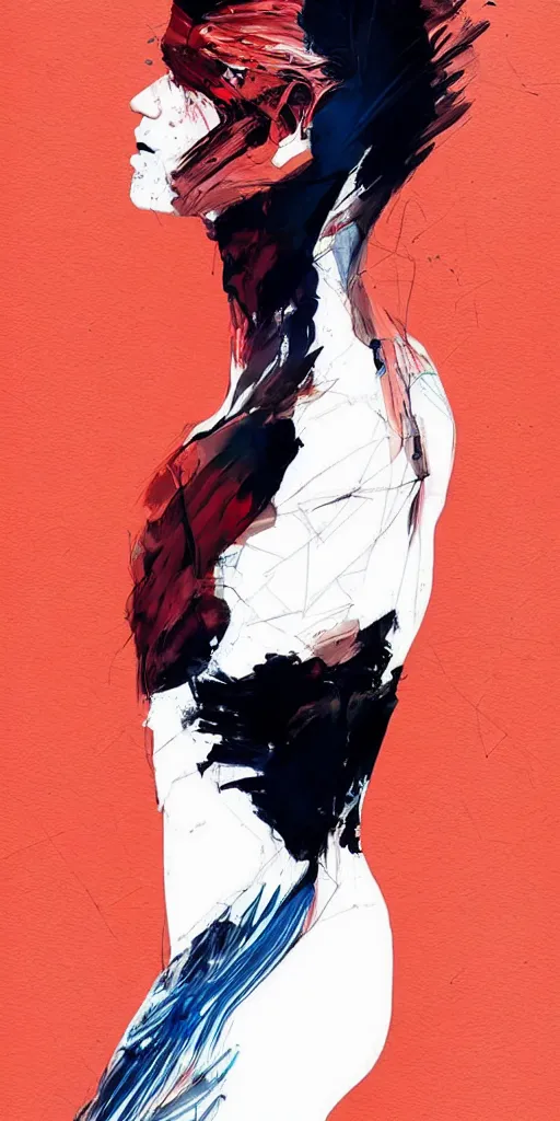 Prompt: abstract flowing brush strokes, stylized, torso of one!!! athletic man posing dramatically with no face in the center of the frame, by conrad roset, dark background, painting trending on artstation