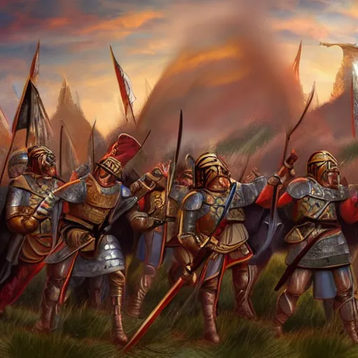 Prompt: Detailed epic render of medieval army with vivid warm colors and atmosphere