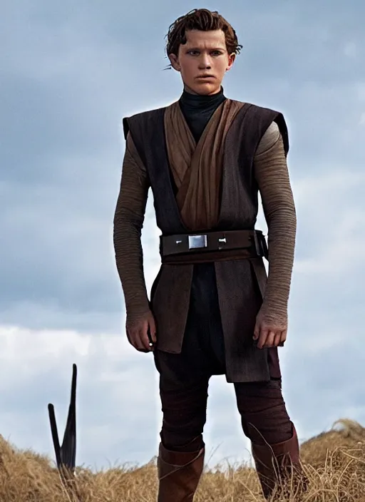 Image similar to tom holland plays anakin skywalker in the live action remake of star wars revenge of the sith, 3 5 mm photography, highly detailed, cinematic lighting, standing pose, 4 k