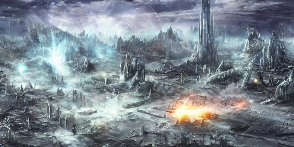 Prompt: future forest city attacked by spaceship, star trek, concept art, ice mist, glory war,