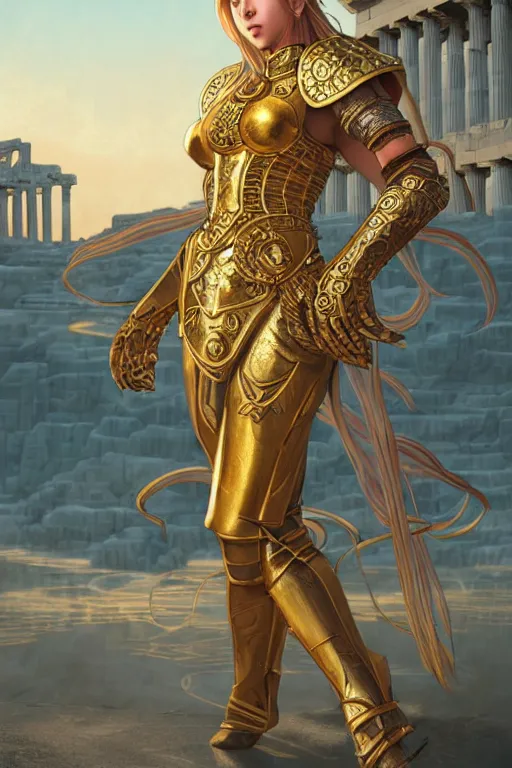 Prompt: portrait knights of zodiac girl, golden and copper shining armor, karate pose, in ruined agora of athens sunrise, ssci - fi and fantasy, intricate and very very beautiful and elegant, highly detailed, digital painting, artstation, concept art, smooth and sharp focus, illustration, art by tian zi and wlop and alphonse mucha and z - - ed