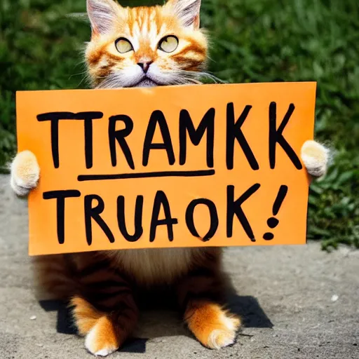 Image similar to a cute fluffly orange tabby cat holding a sign that says