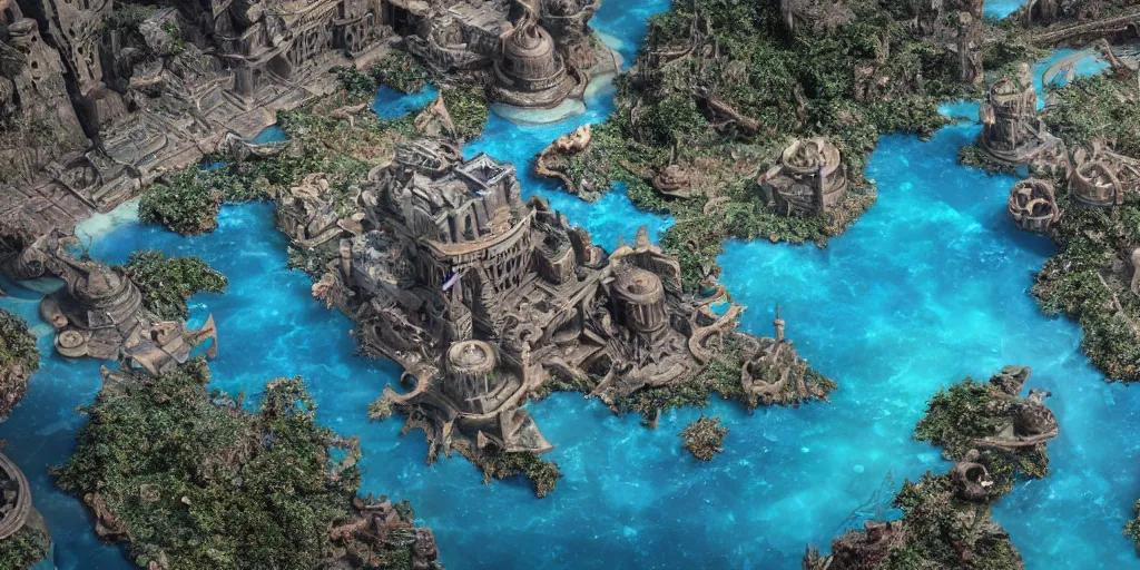 Prompt: Lost city of Atlantis surrounded by oil slick, Disney, hyper real, detailed, octane render, 8k,