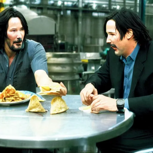 Prompt: absolute best picture of keanu reeves eating a chicken taco with danny devito in a steel mill wearing 3 piece suits on a beautiful summer afternoon