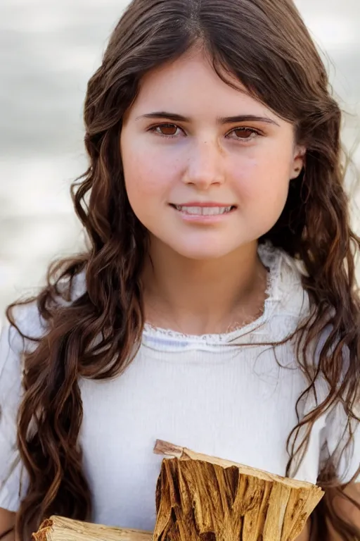 Image similar to close up headshot of a middle-school girl with brown eyes and unkempt wavy short brown hair wearing a white dress and holding a bundle of firewood, high resolution film still, 8k, HDR color, short hair, round face, dimples, beautiful gazing eyes