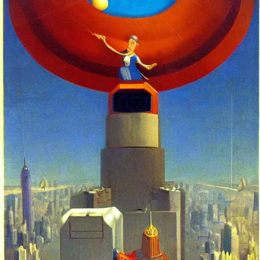 Image similar to yoked physique ultimate space villain super granny flies above new york city with her vacuum cleaner orwellian themes konstantin vasilyev grant wood jan van eyck john steuart curry