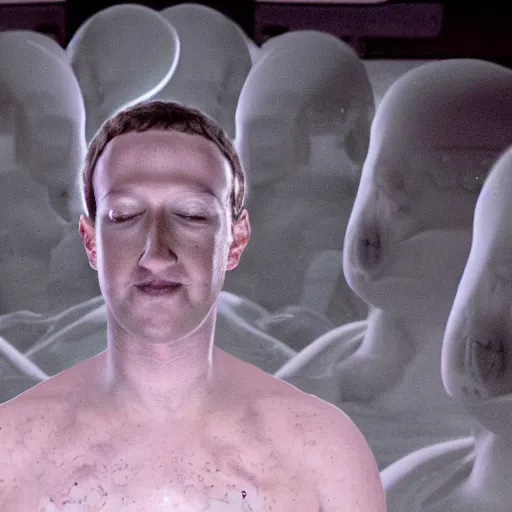 Image similar to mark zuckerberg sitting in front of his clones growing inside a vat of protein fluid. They are inside the cloning med bay of an alien ship. the ceiling and floor glow. from science fiction movie.