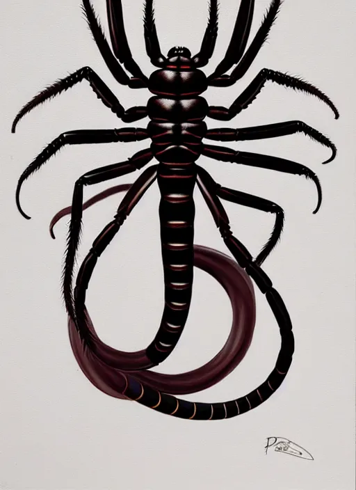 Image similar to beautiful matte airbrush portrait of a scolopendra on a white background, 8 0's airbrush aesthetic, art by pater sato