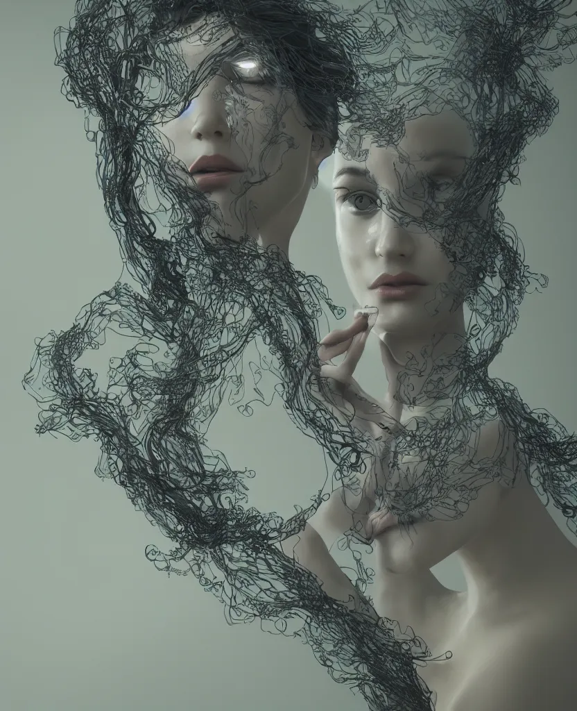 Image similar to portrait of a beautiful woman, smoke tendrils, a string structure, chaotic ferrofluids, occult, octane render, glow, dramatic lighting, intricate fine ornaments, translucent, lighting 8k, cinematic, blur, shallow depth of field, neuro web, plasma