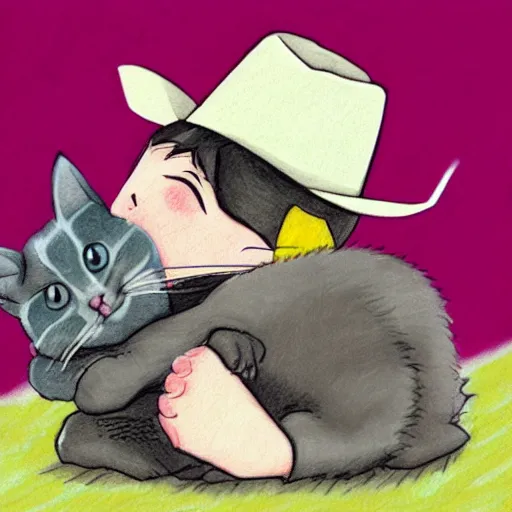 Image similar to baby kitten with a cowboy hat hugging a pink baby kitten, drawing by studio ghibli