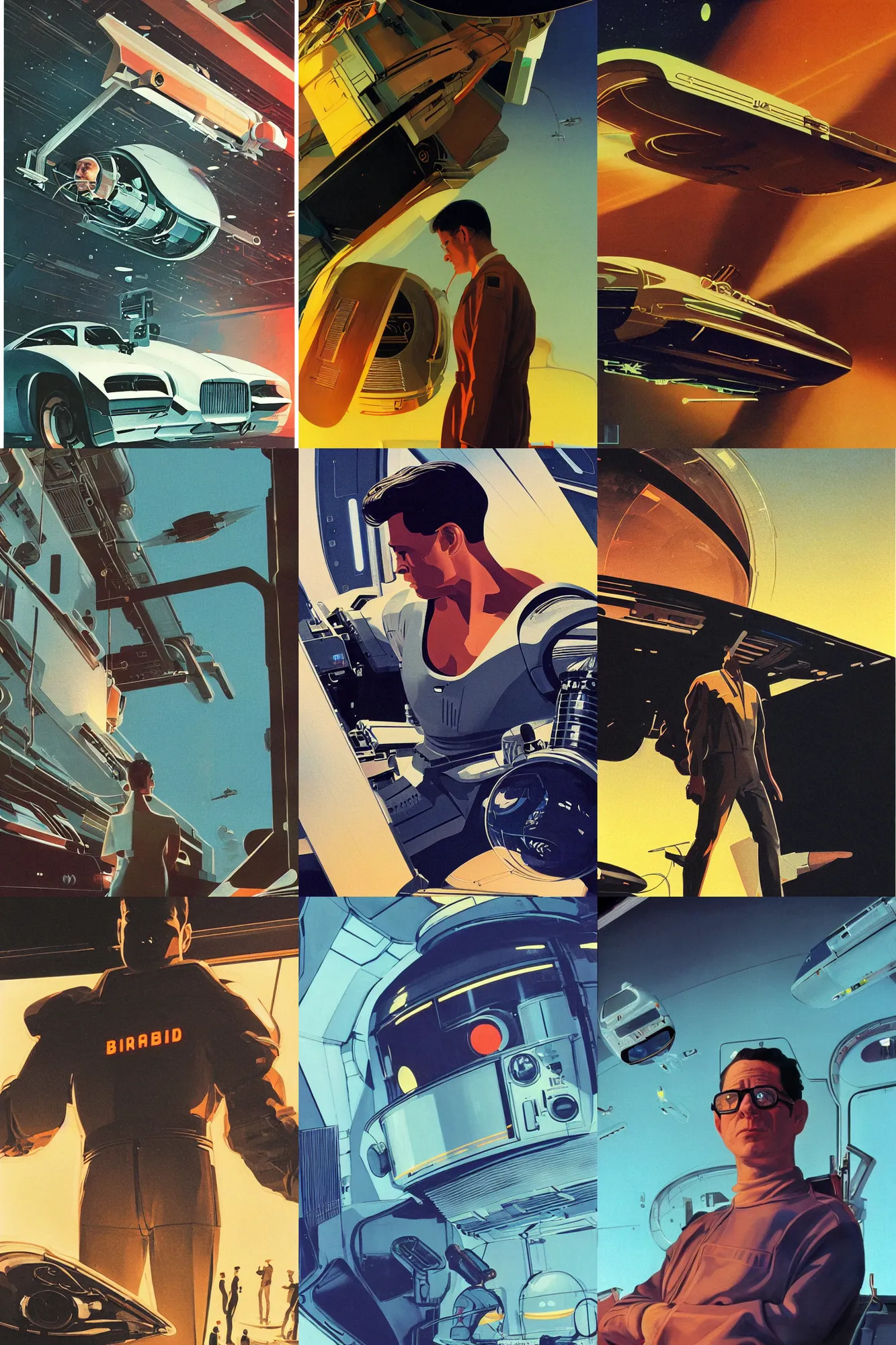 Prompt: Cinestill 800t, 8K, 35mm,J.J Abrams flare; beautiful ultra realistic minimalistic syd mead in space(1950) film still medbay scene in 2000s frontiers in blade runner retrofuturism fashion magazine September hyperrealism moebius edition, highly detailed, extreme closeup three-quarter android portrait, tilt shift LaGrange point orbit background, three point perspective, focus on two androids, working;operation;sunflares;back to camera, soft lighting