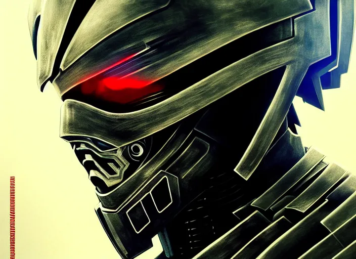 Image similar to a film portrait of a cyborg ninja raiden, finely detailed features, closeup at the face, sharp focus, perfect art, warzone background, cinematic lighting, intricate, anime, illustration, artstation, trending on pixiv fanbox, painted by greg rutkowski, studio ghibli, yoji shinkawa, hayao miyazaki,