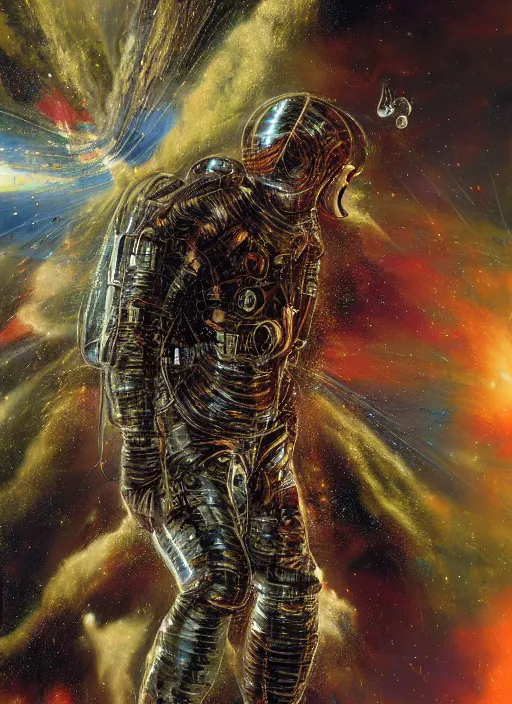 Image similar to astronaut in the space and time end of the universe - complex and hyperdetailed technical suit design. reflection and dispersion materials. rays and dispersion of light. volumetric light. f / 3 2. noise film photo. flash photography. ultra realistic, 5 0 mm. poster by wayne barlowe, hajime sorayama aaron horkey, craig mullins