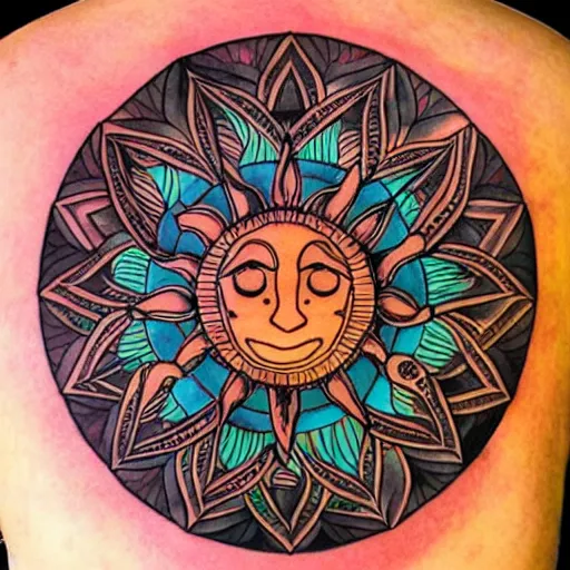 Image similar to a sun and moon mandala, tattoo style, color restoration, orange purples reds, glowing, double exposure, high quality ink