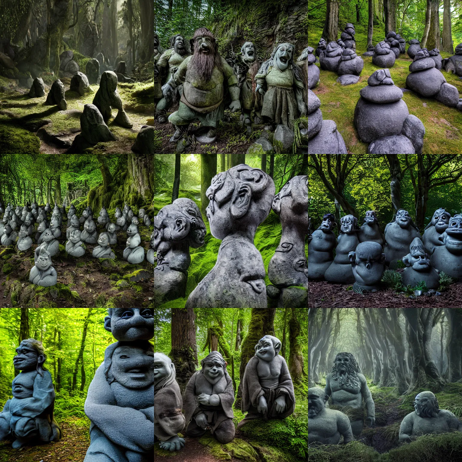 Prompt: 4 k photograph of trolls turned to stone from the hobbit, dark forest background, sunlight filtering through the trees.