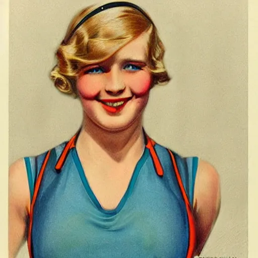 Prompt: a 1 9 2 0 s ultra - realistic color portrait. happy, healthy, beautiful, smiling, young, sporty, blonde, blue - eyed symmetric woman in decent athletic wear. hyper - realistic detailed drawing