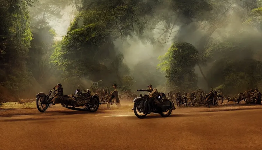 Image similar to a british officer driving a motorcycle alone in 1921 in kerala forest road, local people chasing to attack, furious action scene, chase, an epic fantasy, dramatic lighting, cinematic, establishing shot, extremely high detail, photorealistic, cinematic lighting, artstation, by christopher nolan, horizon forbidden west