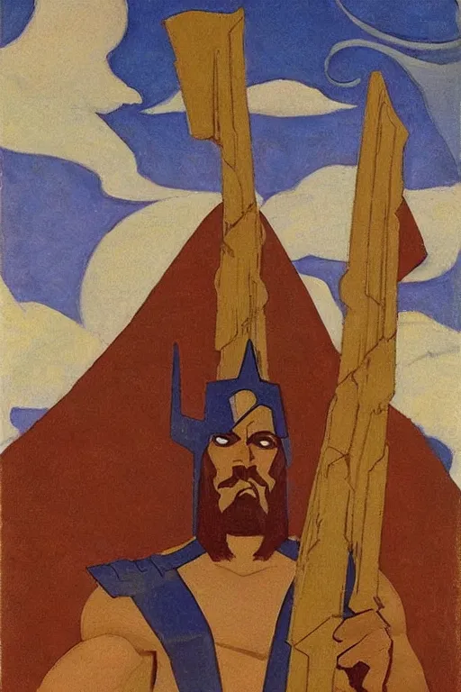 Image similar to thor, marvel, artwork by nicholas roerich,