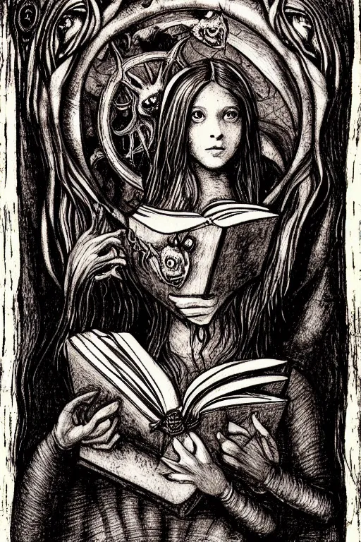 Prompt: da vinci illustration of romantic girl, her cat and her book of necronomicon, symmetrical, cinematic, sharp focus, 4 k, ultra hd, sense of awe, sinister demonic atmosphere, dreadful, forbidden knowledge, old gods, cthulhu, yog - sothoth! yah, yah, yah! cultist journal cover