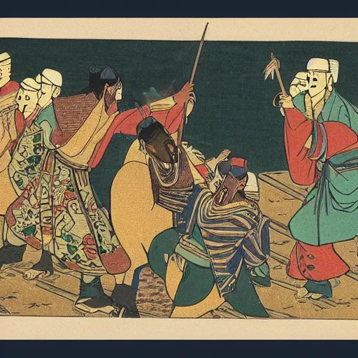 Prompt: late meiji period, colored woodblock print, arabian brigands