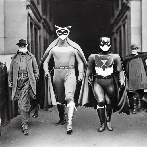 Image similar to old black and white photo, 1 9 1 3, depicting masked superheroes walking through the bustling streets of new york city, historical record