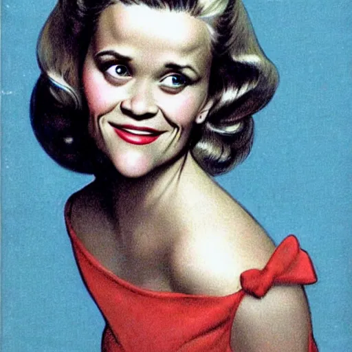 Image similar to “Reese Witherspoon portrait, color vintage magazine illustration 1950”