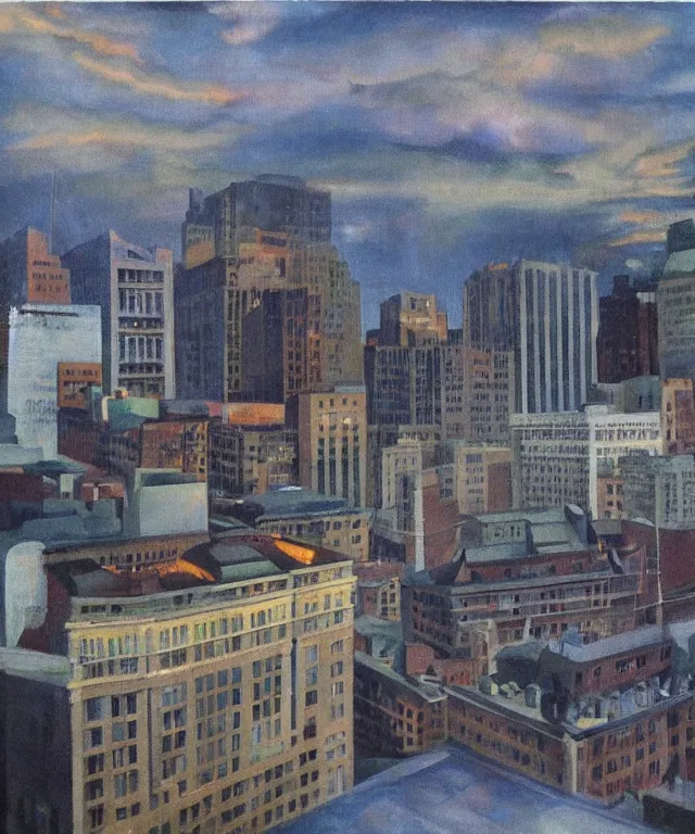 Image similar to horrifying full color photorealistic painting of a 1 9 2 5 hotel terrace overlooking a distored view of downtown boston with a cosmic sky, dark, atmospheric, brooding, smooth, finely detailed, cinematic, epic, in the style of lee gibbons