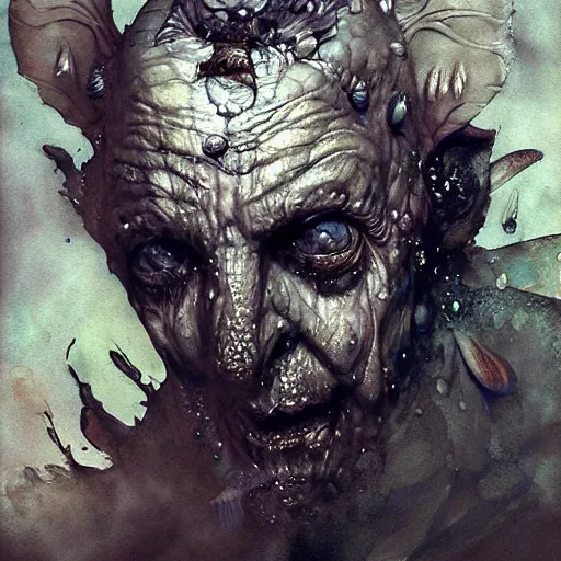 Image similar to mutant fishman sailor old man with gills and scales creatures from the deep ocean by emil melmoth zdzislaw beksinki craig mullins yoji shinkawa realistic render ominous detailed photo atmospheric by jeremy mann francis bacon and agnes cecile ink drips paint smears digital glitches glitchart